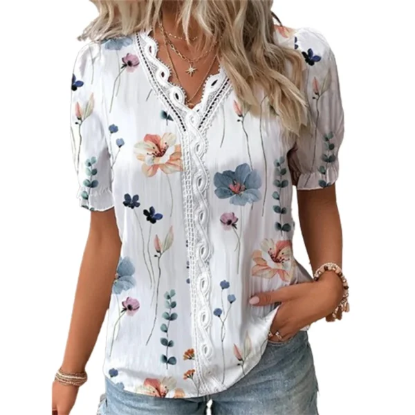 Women V Neck Splice Lace Decoration Pullover Shirt Elegant Botanical Flowers Prints Female Blouse Summer Casual Short Sleeve Top 1