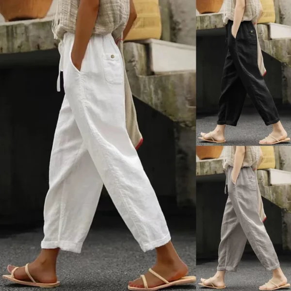 Women Solid Lace Up Casual Pants Summer Baggy Elastic Waist Trouser Wide Leg Pant With Pocket Casual Cropped Cotton Linen Pants 2