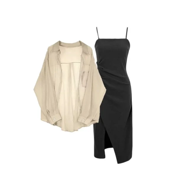 Summer Set for Women in 2024, New Fashionable Oversized Outfit with Sunscreen Chiffon Shirt, Suspender Dress, Two-piece Set 5