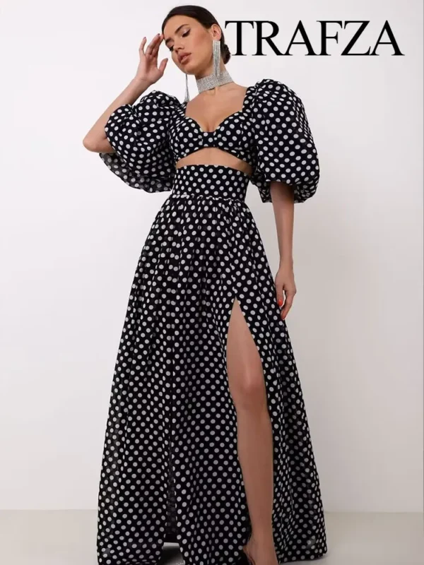 TRAFZA 2024 Female Spring Polka Dots Printed Suit Cropped Short Sleeves Square Neck Top Slit High Waist Chic Skirt Vintage Suit 2