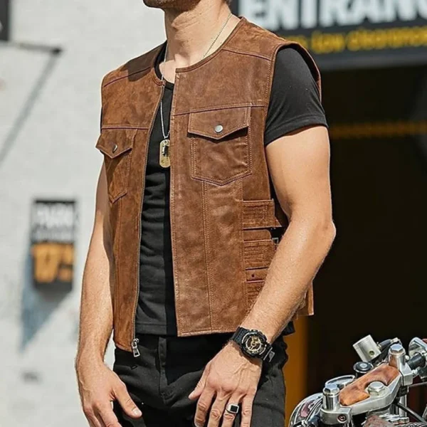 New Men's Motorcycle Biker Faux Leather Vest Jacket Waistcoat Solid Color Zip Up Vest Tops Male Clothing Streetwear 6