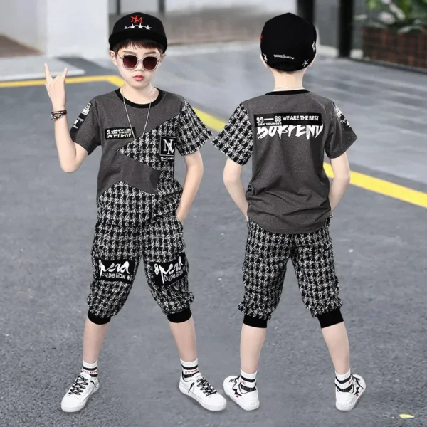 Summer Kids Clothes Sets for Boys 4 6 8 9 10 12 Years Fashion Splicing Short Sleeve T Shirt + Pants School Children Sport Suit 4