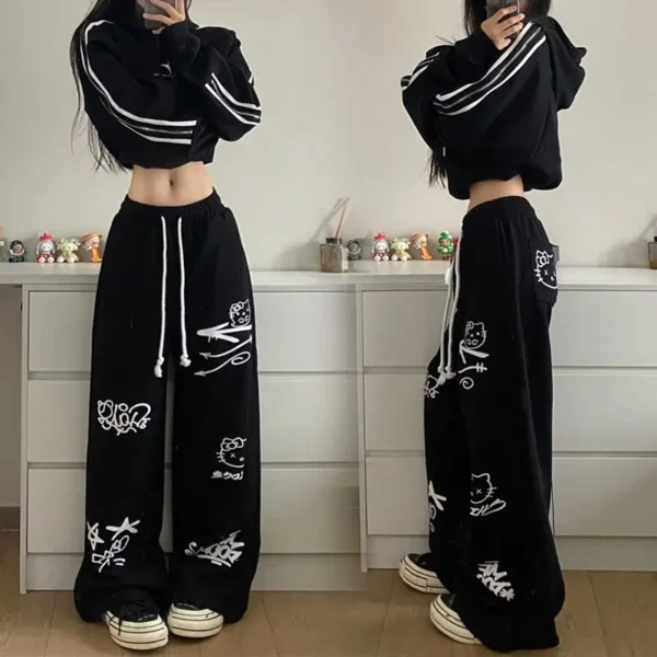 Retro streetwear graffiti pants Hip hop baggy sweatpants versatile straight leg trousers wide leg drawstring slacks Y2K pants 1