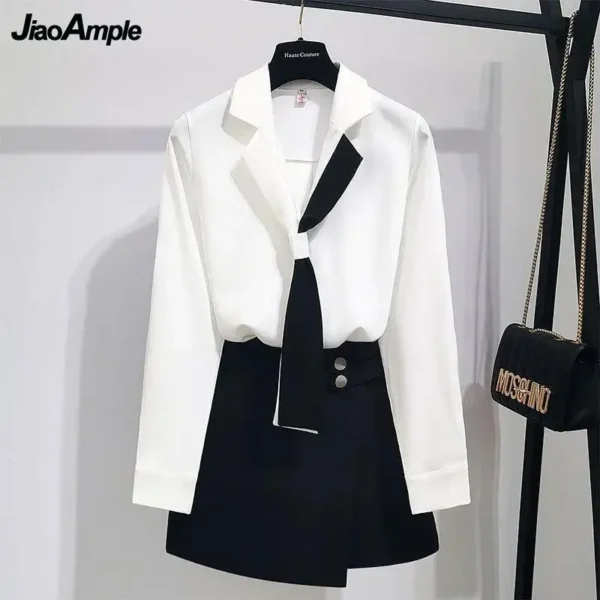 2022 Girl White Shirt Top Midi Skirt Two-piece Women's Professional Suit Korean Fashion Elegant Blouse Dress Set Female Clothes 2