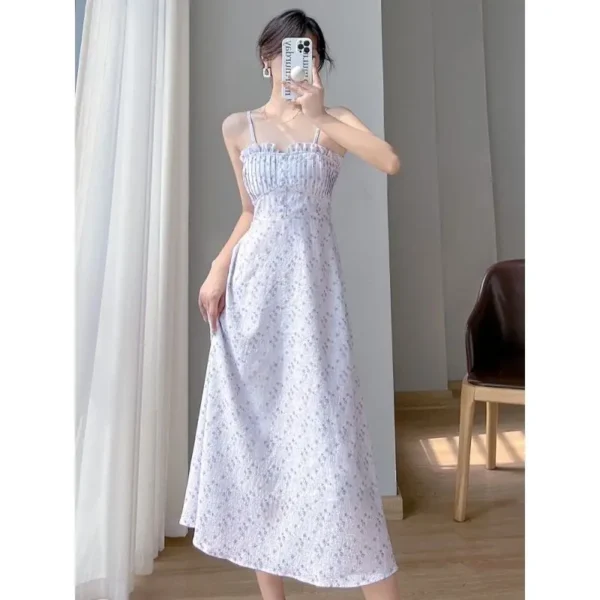 2024 Women Graceful Chic Purple Floral 2 Piece Dress Set Korean Lady Elegant Thin Shirt Sleeveless Dresses Outfit Travel Clothes 2