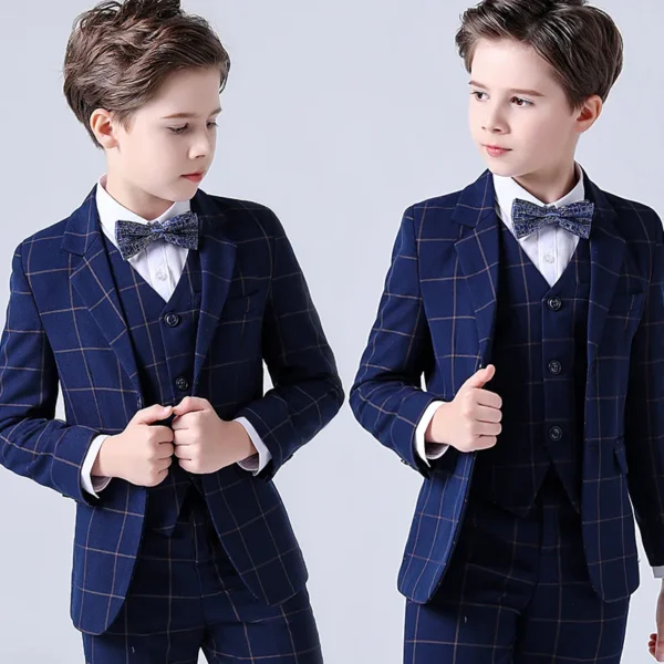 Spring Big Boys Top Quality Plaid Wedding Suit Teenager Kid Formal Tuxedo Bowtie Dress Children Blazer Party Performance Costume 3