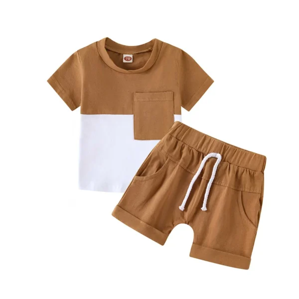 Kids Outfit Eco-Friendly Boy Summer Short Sleeve T Shirt and Shorts Clothes Set Children Fashion Green Coffee Color Block Design 2