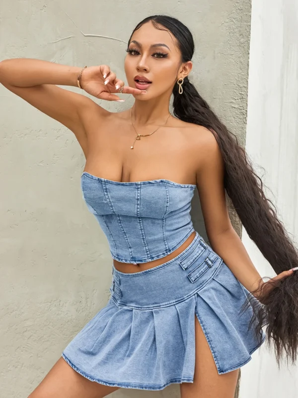 Women's Summer 2PCS Outfit Sets Solid Color Sleeveless Off Shoulder Zipper Bandeau + Pleated Denim Skirt 6