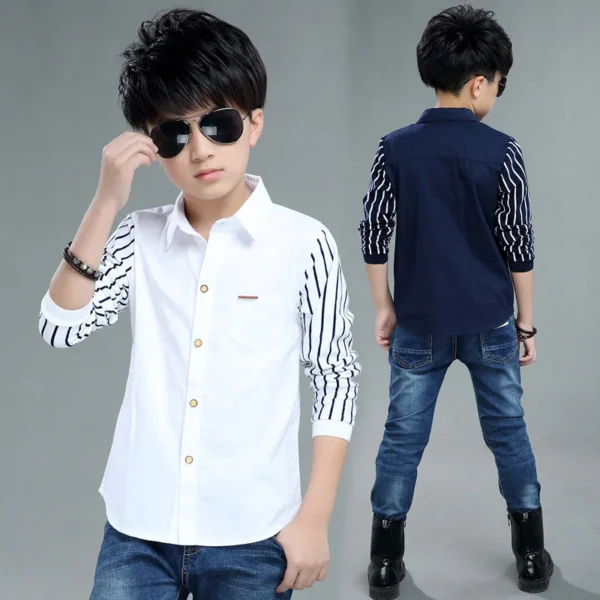 Boys Blouses And Shirts Children\'s Stripe Top 2024 Spring Autumn Casual White Polo Shirts Teenager School Brand Outerwear Cotton 1