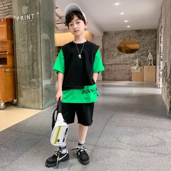 Kids Clothes Boy Contrast Sleeve Fake Two Pieces T-Shirt & Shorts 2 Pieces Set Teenage Summer Street Wear Letter Tracksuit 3