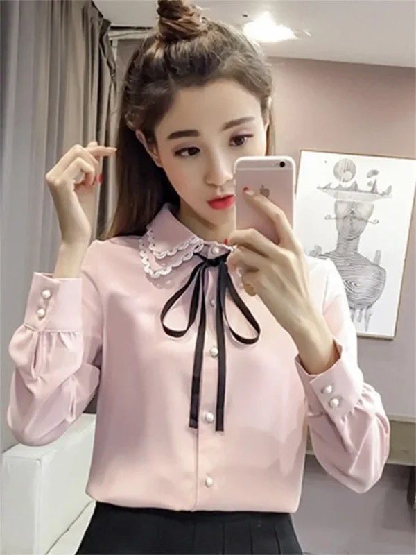 Women Spring Autumn Style Vintage Blouses Shirts Lady Casual Long Sleeve Turn-down Collar Pink White Blusas Tops DF3089 1