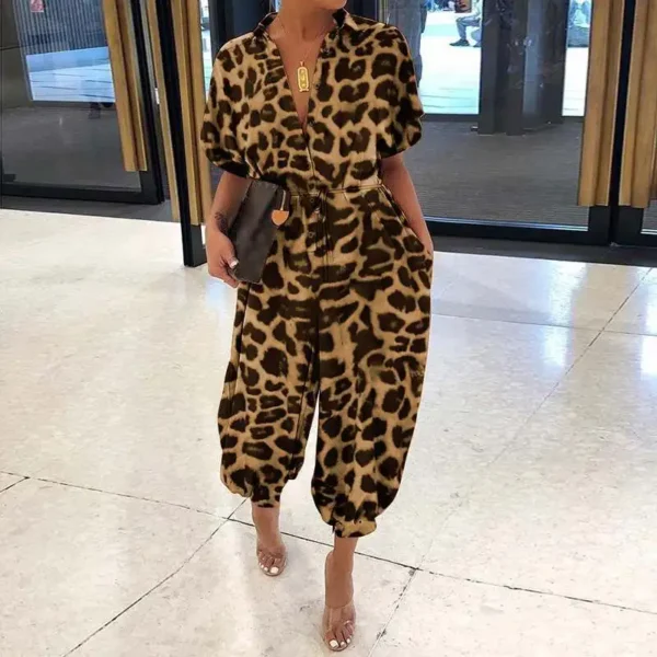 Leopard Printed Jumpsuit Women 2023 Summer New Short Sleeves Leace-up Pocket Casual Jumpsuits Fashion Vintage Ladies Bodysuits 1