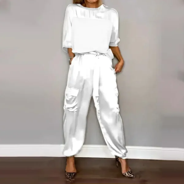 Women's Smooth Satin Short-sleeved Top and Pants Two-piece Set O-neck Lace Up Outfits Loose and Elegant Women's Two Piece Set 1