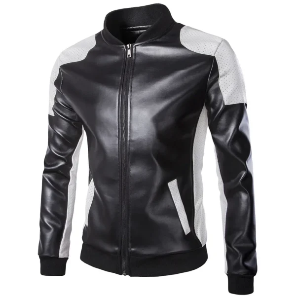 2024 New Men Stand Collar Coat Black White Color Matching Casual Leather Jacket Fashion Racing Clothing  PU Leather Jacket 5XL-M 6