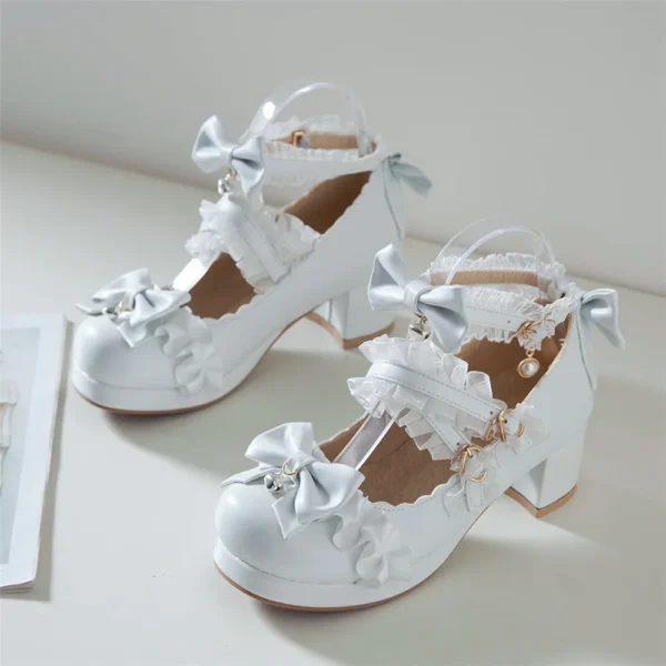 2024 Women High Heels Cross Strap Mary Jane Pumps Party Wedding White Pink Black Ruffles Bow Princess Cosplay Lolita Shoes 31-43 3