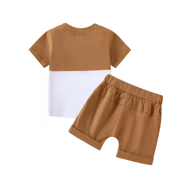 Kids Outfit Eco-Friendly Boy Summer Short Sleeve T Shirt and Shorts Clothes Set Children Fashion Green Coffee Color Block Design 3