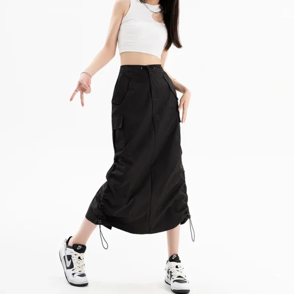 American Retro Cargo Skirt for Women Summer Slit Design Drawstring High Waist Mid-length Skirt Y2k Streetwear Fashion Clothing 2