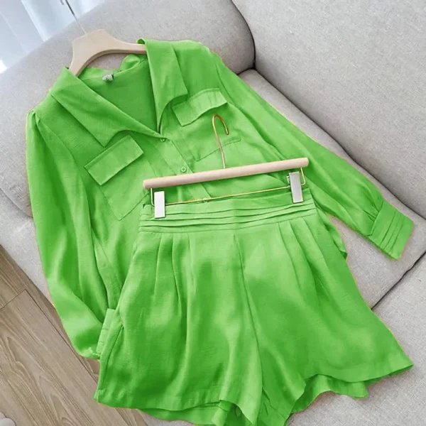 Spring Shirt Two Piece Set For Women Summer Shorts 2 Piece Sets Suits Solid Color Long Sleeve Shirt Short Casual Outfits Female 6