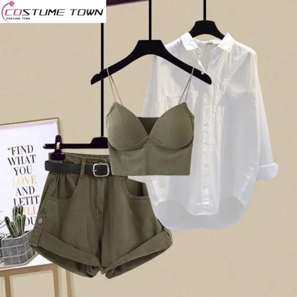 Spring/Summer Fashion Women's Set 2023 New Korean Edition Age Reducing Sling Casual Shirt Shorts Three Piece Set 1