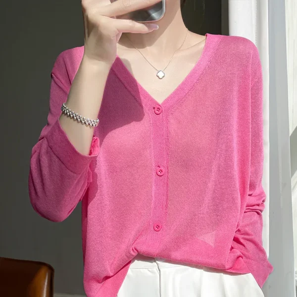 Sunscreen Knitted Sweater  Ice Silk cardigan V-neck light Thin Soft Colorful Versatile 2024 Women's New StyleSpringSummer Top 1