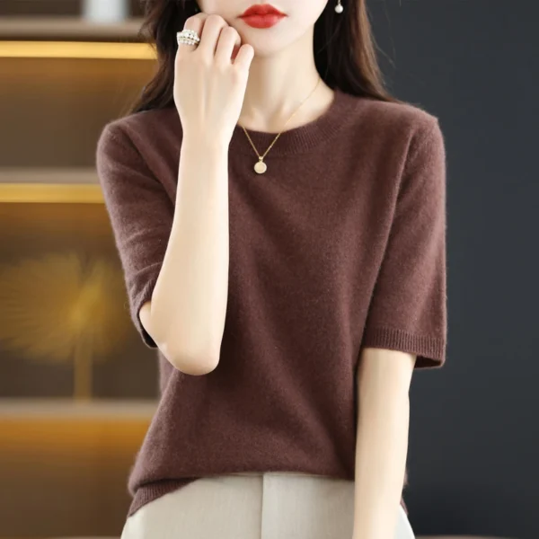 Spring and Summer New Short-sleeved Women O-neck Slim Wool Cotton Blend Pullover Vest T-shirt Knitted Base Sweater 2