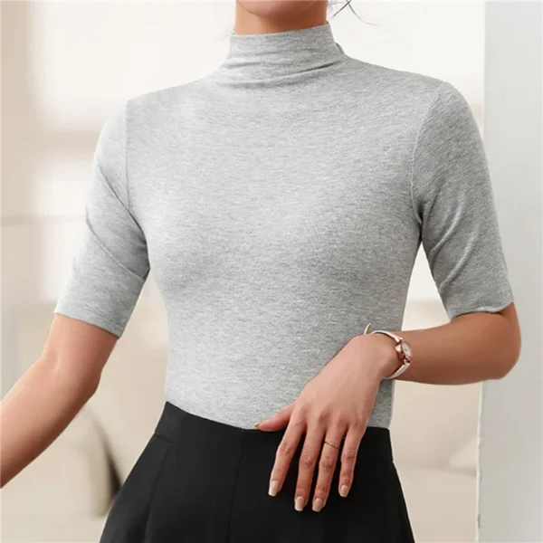 Women Turtleneck Pullover Slim Fit Short Sleeve T-Shirts Casual Solid Semi-High Collar Bottomed Shirt Female Basic Cropped Tops 5