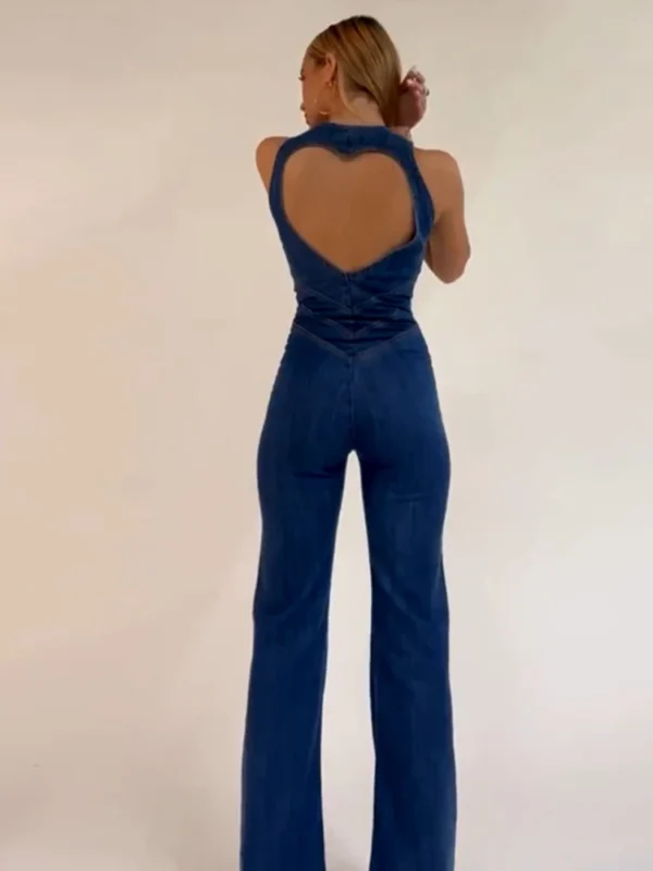 Weird Puss Denim Elegant Jumpsuit Women Zipper Heart Backless High Waist Straight-Leg Streetwear Trend Skinny Workout Overalls 2