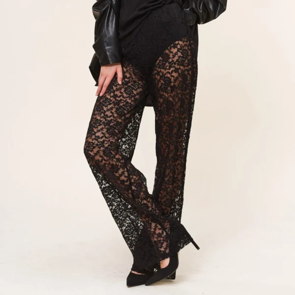 Sexy Women Sheer Lace Pants Transparent Gothic High Waist Wide Leg Flare Pants Ladies Bell-Bottoms Trousers Club Streetwear 5