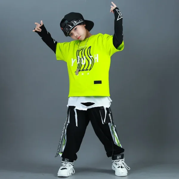 Kids Fashion Hip Hop Clothing Oversize Green Hoodie Streetwear Black Cargo Shorts For Girls Boys Jazz Dance Costume Clothes 4