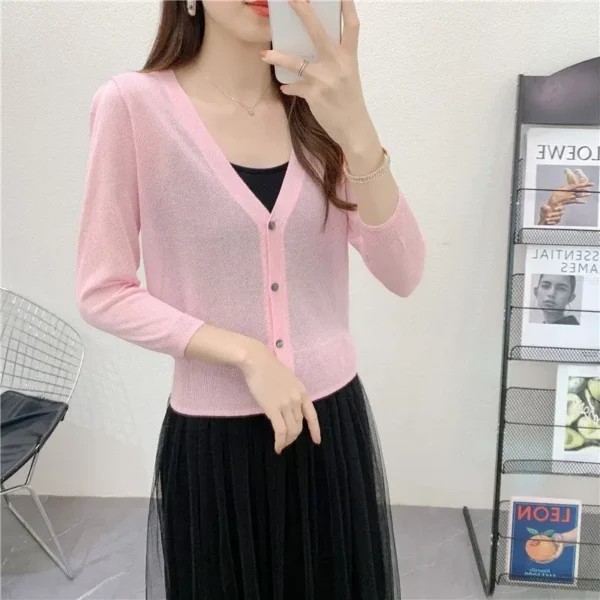 Spring/Summer Ice Linen Knitted Split Sleeve Cardigan Women's Versatile Office Air Conditioning Shirt Fashion Sunscreen Top 6