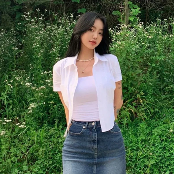 Summer Slim Blouse Shirts Summer Women Turn Down Collar Short Sleeve Button Solid Cropped Tops Lady y2k CDPF-WYP-52 2