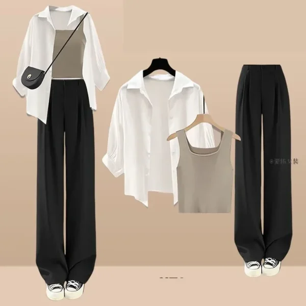 2024 Summer New Korean Casual Sunscreen Shirt+Vest+Suit Wide Leg Pants Three Piece Women's Fashion Blouse Trousers Matching Set 3