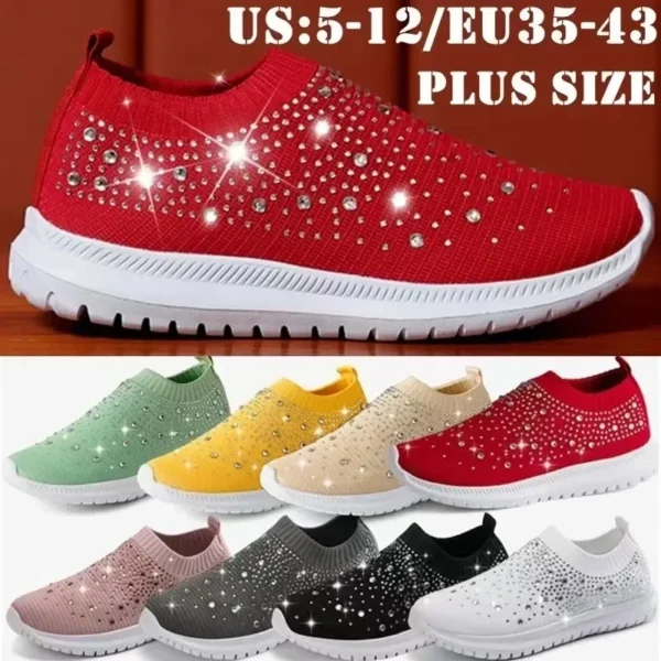 Women's Mesh Walking Shoes Rhinestone Glitter Slip On Ballroom Jazz Latin Dance Sock Sneakers Tennis Female Knitted Running Shoe 1