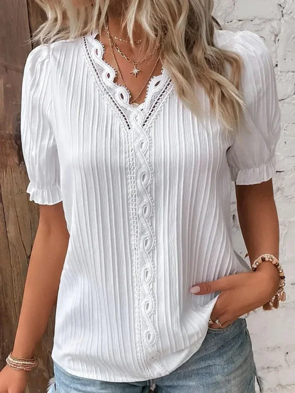 Women's V-neck Short Sleeved T-shirt Fashion T-shirt And Information Summer Clothing With Lace Print Blusas Blusas Para Mujer 3