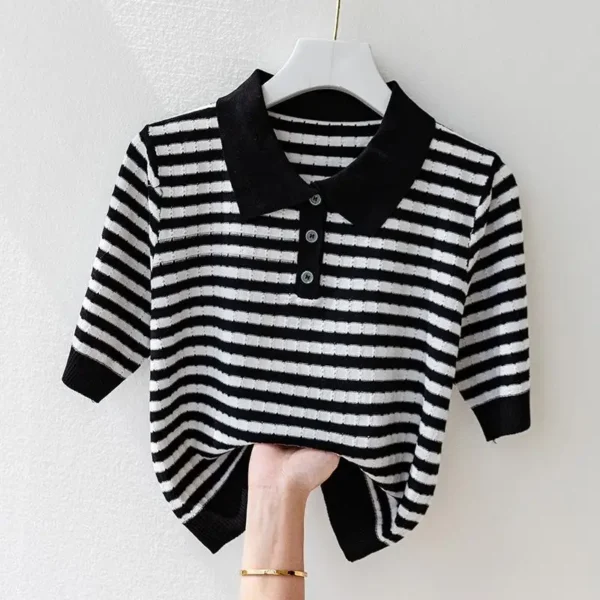 Fashion Women Short Sleeve Striped Knitted Polo Shirts Spring Summer All-match Tees Female Clothing New Pullover Bottoming Tops 1