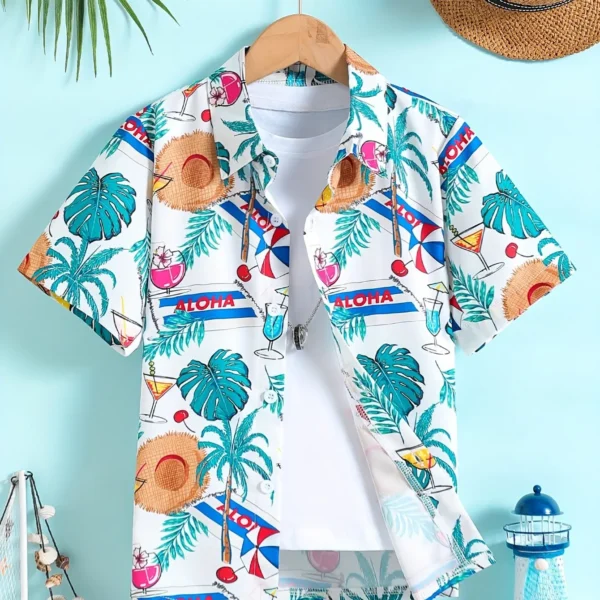 Beach Coconut Tree Print Boys Creative Top Shirts Casual Short Sleeve Lapel Shirt Tops Boys Clothes for Summer Outdoor Holiday 5