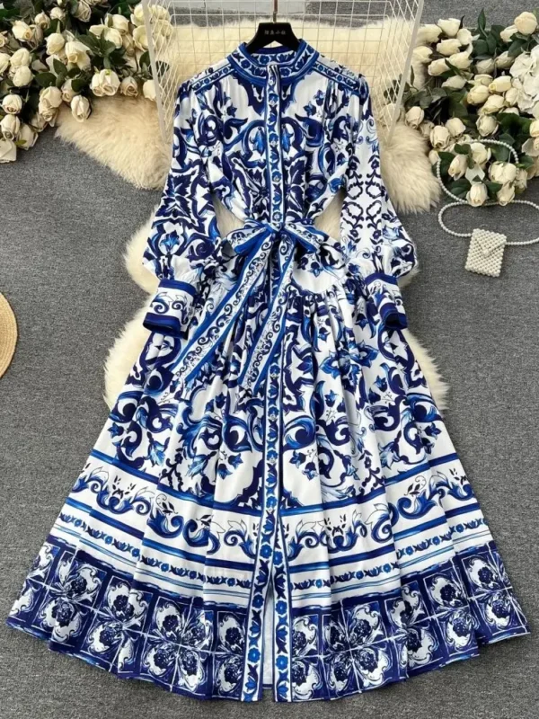 JAMERARY Runway Red Blue White Porcelain Print Holiday Maxi Dress Women's Stand Single Breasted Loose Lace Up Belt Long Vestido 2