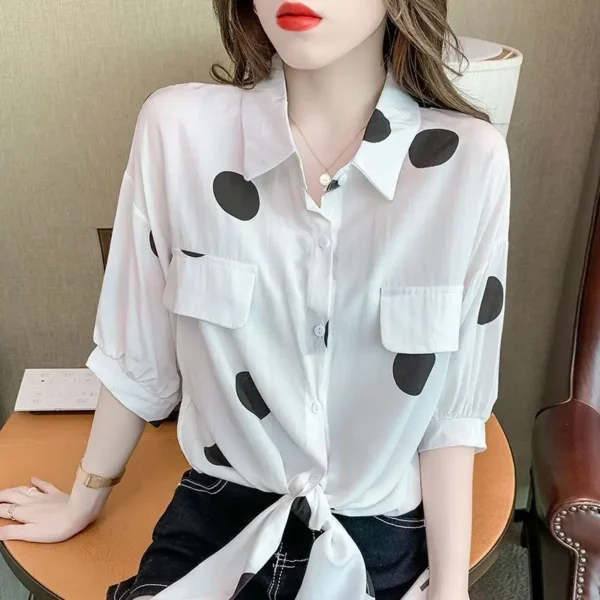 Fashion Lapel Loose Bandage Bow Polka Dot Shirt Women's Clothing 2023 Summer New Oversized Casual Tops Half Sleeve Korean Blouse 5