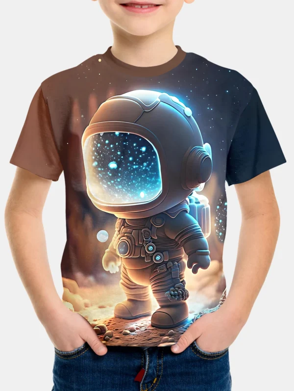 Cartoon Astronaut Print Boys Creative T-shirt, Casual Lightweight And Comfortable Short Sleeve Top, Summer Kids Outgoing Clothes 5