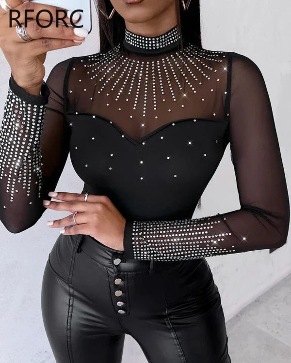 2023 Women Sexy Solid Long Sleeves Contrast Mesh Patch Rhinestone Decor Bodysuits 1