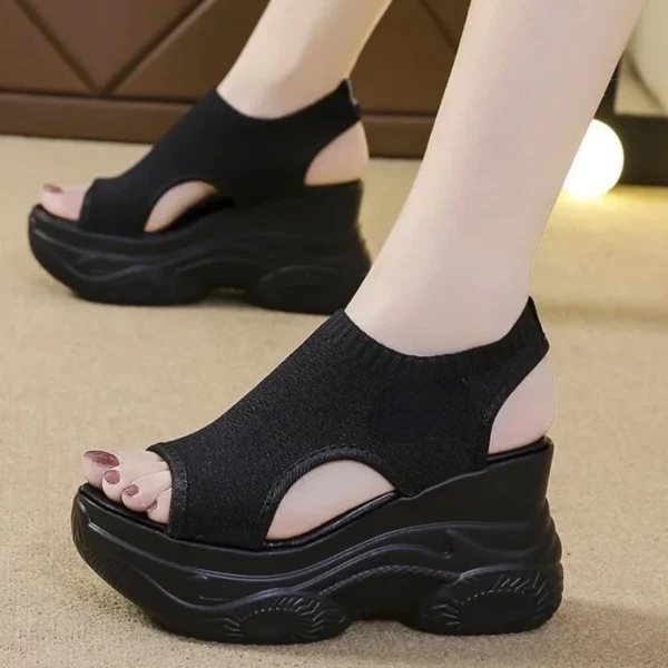 Women's Sandals 2024 Summer Wedge Heel Elastic Cloth Cover Foot Ladies Sandals Thick-soled Fashion Trifle Elevation Casual Shoes 5