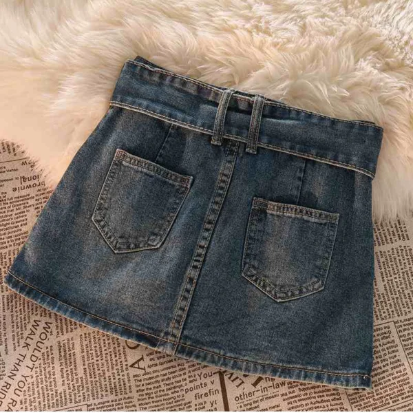 Vintage Women Denim Mini Skirts Summer Solid Belt Sexy Jeans Skirts Female Casual Ball Gown Korean Slim A Line Skirts New 5