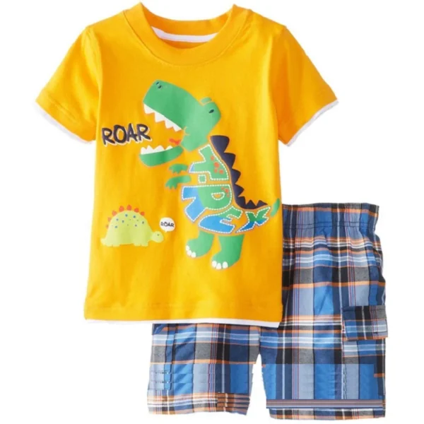 Yellow Dino Boy Clothes Set ROAR Children T-Shirt Plaid Pant Suit Kids Outfit 100% Cotton Tops Panties 2 3 4 5 6 7 Year Clothing 1