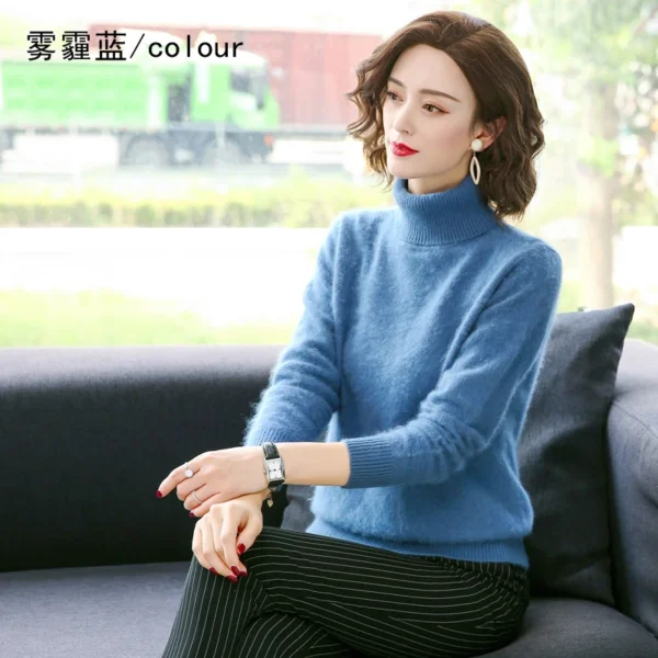 2021 Fall/Winter 100%Pure Mink Cashmere Sweater Women High Lapel Knit Pullover Wild Warm Solid Color Plus Size Short Base Shirt 5