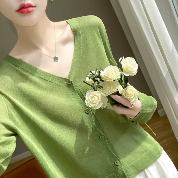 Sunscreen Knitted Sweater  Ice Silk cardigan V-neck light Thin Soft Colorful Versatile 2024 Women's New StyleSpringSummer Top 5