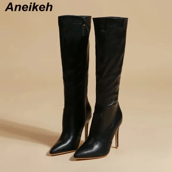 Aneikeh Women's Fashion Elegant Pointed Thin Heel Knee High Long Boots2024 Spring/Autumn PU Panel Side Zipper Boots Western35-42 3