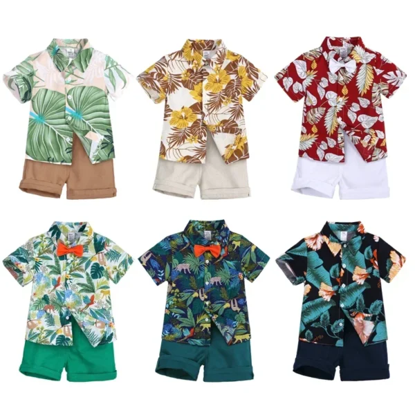 Toddler Baby Boys Sets Summer Hawaiian Outfit Infant Kids Floral Print Short Sleeve Shirt Bowtie Shirt+Shorts Gentleman Suits 5