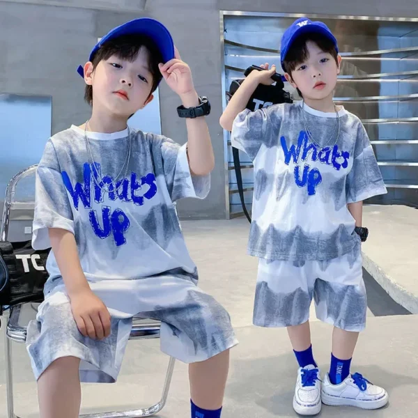 2024 New Boy Summer Quick dry Suit Children Streetwear what's up Short Sleeve TShirt + Shorts Two piece Sports Set Loose Outfits 1