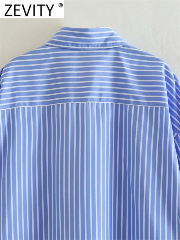 Zevity Women Fashion White Blue Striped Print Loose Shirt Office Lady Double Pocket Patch Smock Blouse Roupas Chic Tops LS3468 4