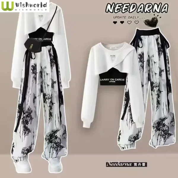 Spring and Autumn Set Women's Korean Design Long Sleeved Top+Tank Top+Ink Wide Legged Pants Three Piece Set Trendy 1